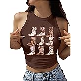 WDIRARA Women's Graphic Sleeveless Crop Tank Tops Crew Neck Western Rodeo Cowgirl Shirt
