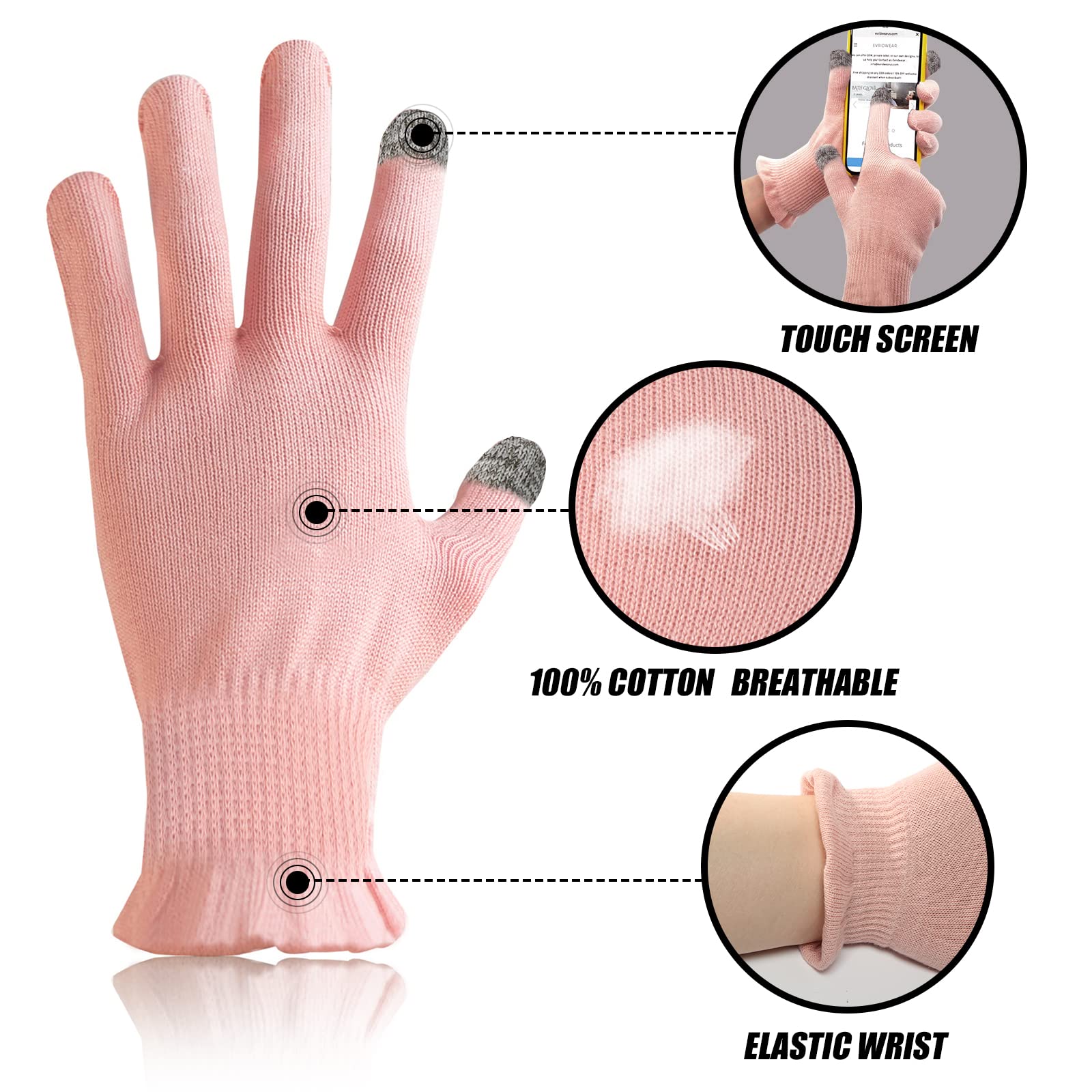 Donfri 2 Pairs Cotton Moisturizing Gloves Overnight Touchscreen Fingers for SPA Dry Hands Hand Care Day and Night Moisturizing (Medium-Pink)