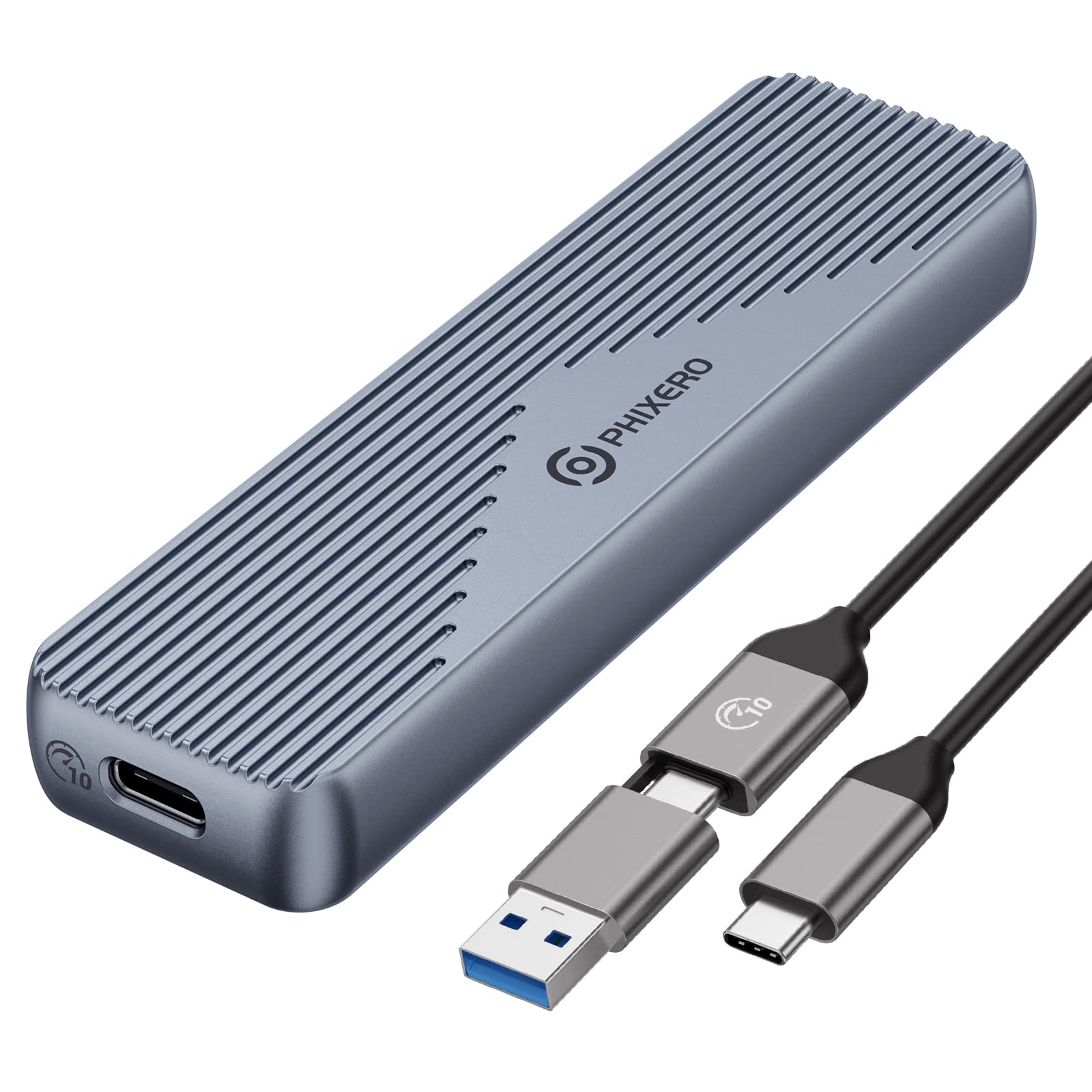 PHIXERO NVME Enclosure, Aluminum M.2 NVMe SSD Enclosure, Triple Heat Dissipation, USB 3.1 Gen 2 (10Gbps) with 2 In 1 USB C Cable for M Key/B+M Key NVME SSD, Size 2280/2260/2242/2230 (Gray)