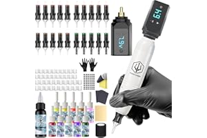 POSEIDON Cordless Rotary Tattoo Machine Kit with 20 Cartridge Needles, Ink Set & 2 Rechargeable Batteries | Professional Port