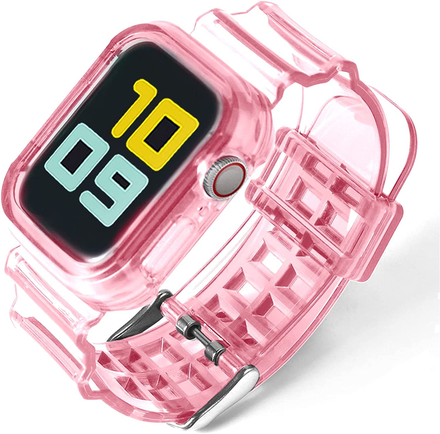 Fleshy Leaf Compatible with Apple Watch Bands Series SE 7 6 5 4 3 2 1, Clear Soft Silicone Strap with Bumper Protective Cases for Apple Watch 42/44/45 mm & 38/40/41 mm (Pink)