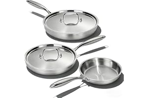 Stainless Steel Frying Pan Set with Lid, Umite Chef 3Pcs Skillet Set (Includes 8",10",12") - 5 Ply Stainless Clad - Heavy Dut