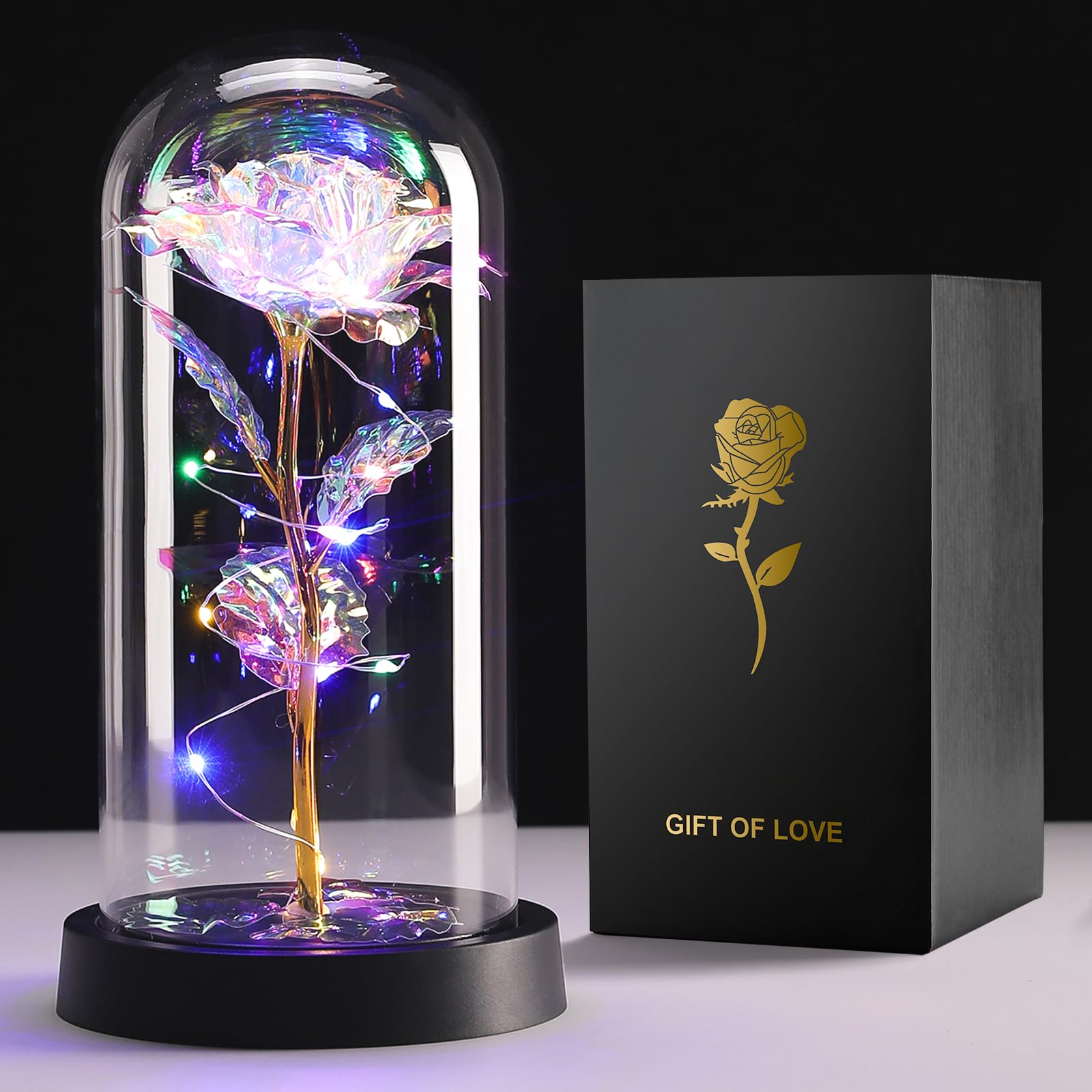 Veryhome Mothers Day Flowers Gifts Rose Gifts for Her Preserved Flowers Women Galaxy Rose Rainbow Light Up Flower in Glass Dome Christmas Decoration for Valentine's Day Anniversary Mother's Day