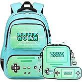 ACESAK Gamer Backpack for Boys - Luminous School Backpack with Lunch Bag & Pencil Case - Boys' Elementary & Middle School Backpack with USB Charging Port (Green)