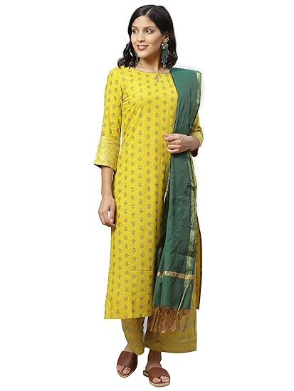 Women's Foil Printed Viscose Rayon Straight Kurta Palazzo Set(IE13KS5YL1717_Yellow)