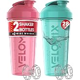 VELOMIX 2 Pack 28oz Protein Shaker Bottle for Protein Mixes, Pink/Turquoise | 2x Wire Whisk, Leak Proof Shaker Cups for Protein Shakes, Stackable, Dishwasher safe, BPA free, Pre Workout and Fitness ready