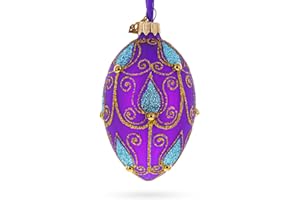 BESTPYSANKY Blue Leaf on Purple Glass Egg Ornament 4 Inches