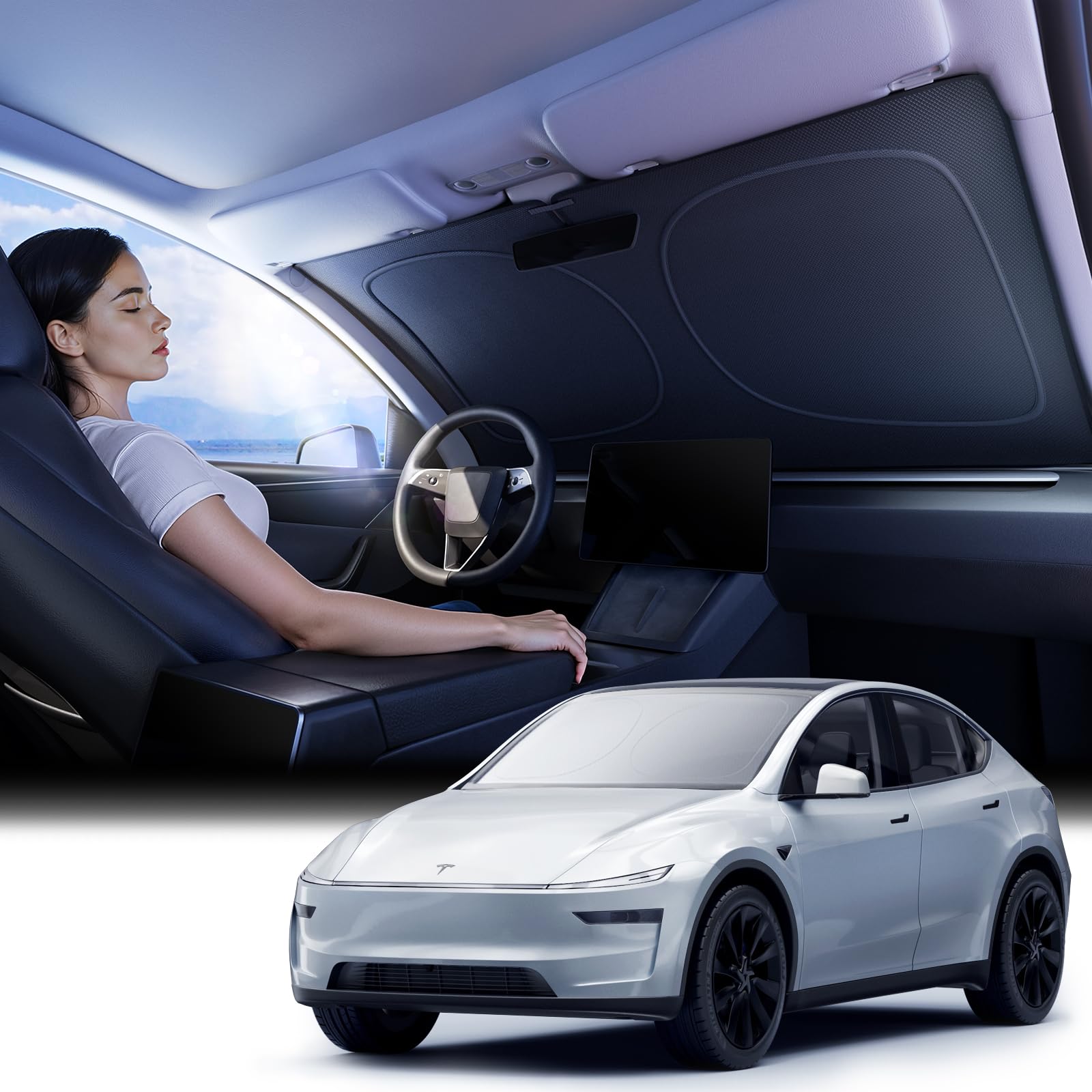 Photo 1 of [2025 Upgraded] Nmoiss Model Y Accessories Car Windshield Sun Shade [Dot Matrix Reflective Coating] Extended Edge No Light Leakage Design Cooling Protect Car Interior from UV Damage ModelY