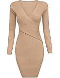 GRAPENT Women's Long Sleeve Crisscross V Neck Ribbed Short Bodycon Sweater Dress