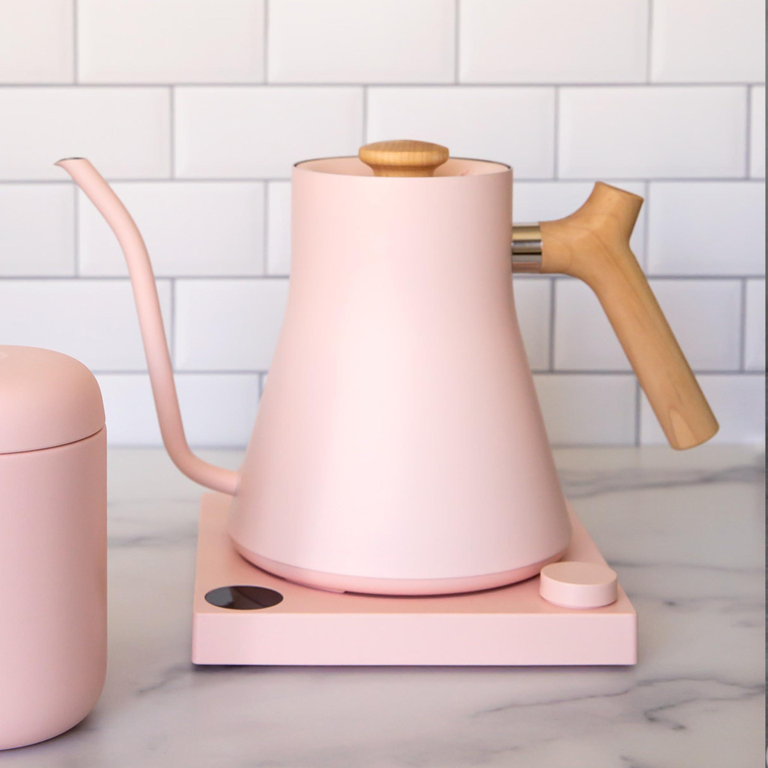 Fellow Stagg EKG Electric Gooseneck Kettle - Pour-Over Coffee and Tea Kettle - Stainless Steel Water Boiler - Quick Heating Electric Kettles for Boiling Water - Warm Pink With Maple Handle