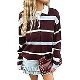 MakeMeChic Women's Striped Sweater Button Up Long Sleeve Rugby Shirt Preppy Pullovers