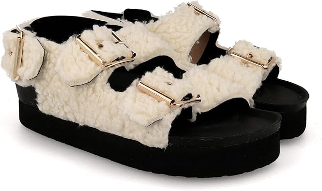 Bio-Sandalen aus natürlichem Lammfell, gefüttert mit schwarzer