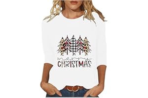 BILQIS Women's 3/4 Sleeve Christmas Tops Plus Size Xmas Graphic Funny T-Shirt Cute Crewneck Trendy Casual Holiday Tunic Shirt