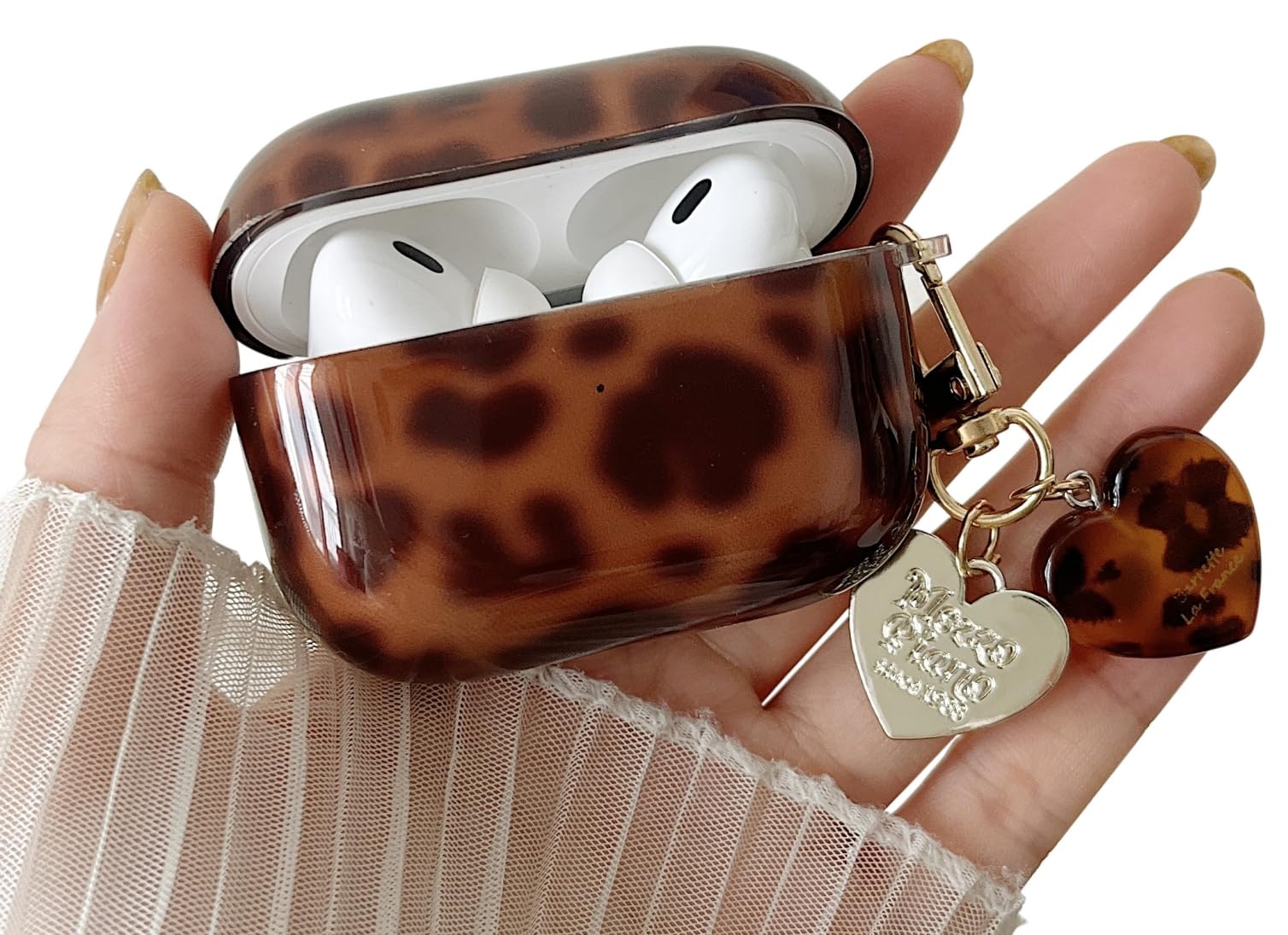 Photo 1 of ***MISSING PIECE*** MINSCOSE for AirPods Pro 2nd/1st Generation Clear Case,Cool Amber Tortoise Leopard Pattern Design with Trendy Heart Shaped Keychain Soft TPU Protective Cover for AirPods Pro/Pro 2 -Brown