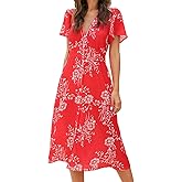ROYLAMP Women's Floral Button Up Split Dress Deep V Short Bell Sleeve Casual Midi Dress with Pockets