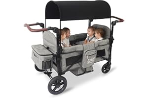 ROVIQUE 4 Seater Wagon Stroller, All-Terrain Stroller Wagon for 4 Kids with Extra Long Extender, Aluminum Foldable Baby Wagon with Large Storage Bag, Removable Canopy, Snack Tray, Adjustable Push/Pull Handle