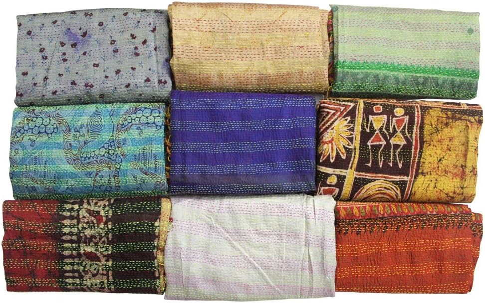 Mango GiftsHandmade Kantha Work Silk Sari Vintage Scarves Lot 10 Pieces