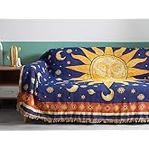 Erke 70" x 90" Sun and Moon Blanket Celestial Couch Sheet Cover Witchy Hippy Home Decoration, Double Sided Cotton Woven Hippie Throws Wicca Blankets for Couch Bed Recliner Decor - Yellow/Blue