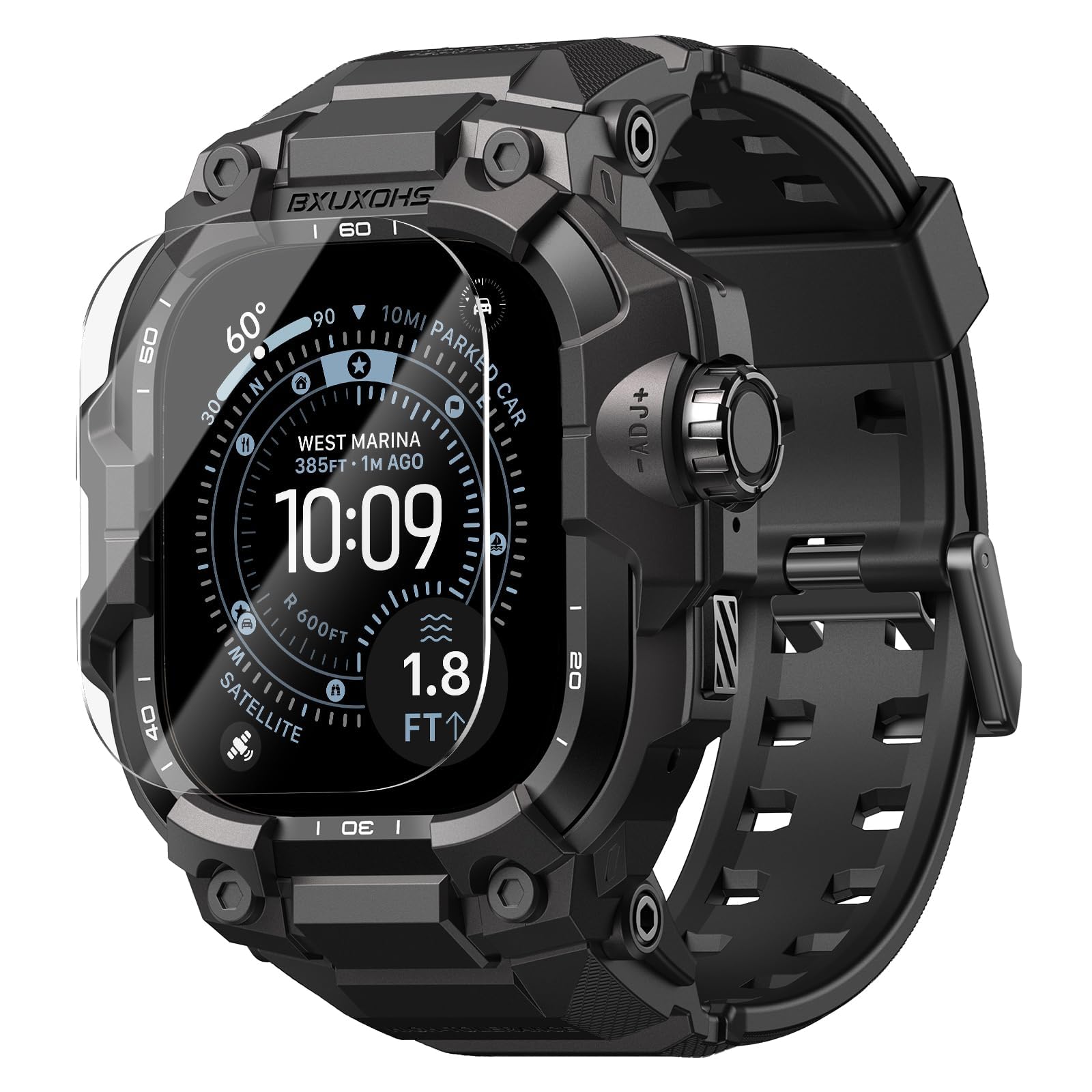 BXUXOHS Rugged Case and Band for Apple Watch Ultra 3/2/1 49mm Men, Military Grade Shockproof Bumper Cover, with 2 Pack Screen Protector, Tactical Band Case for iWatch Ultra 3 2 1 Man, Black