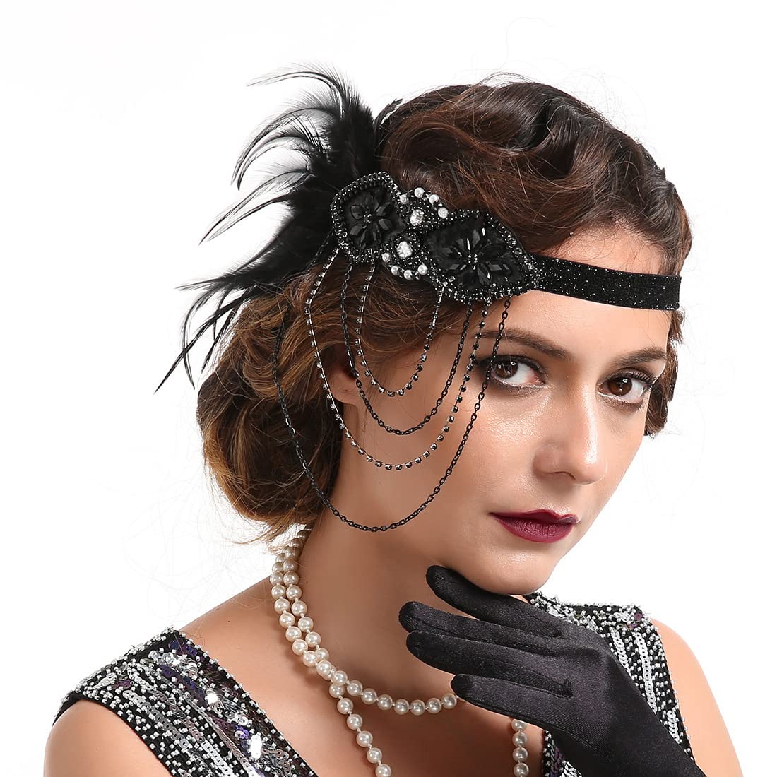 Feather Headband 1920s Flapper Headband Faux Pearls 1920s Flapper Headpiece Crystal Headband Fancy Dress Headwear Feather Vintage Headband for Women Hair Accessories for Cocktail Party Prom Wedding