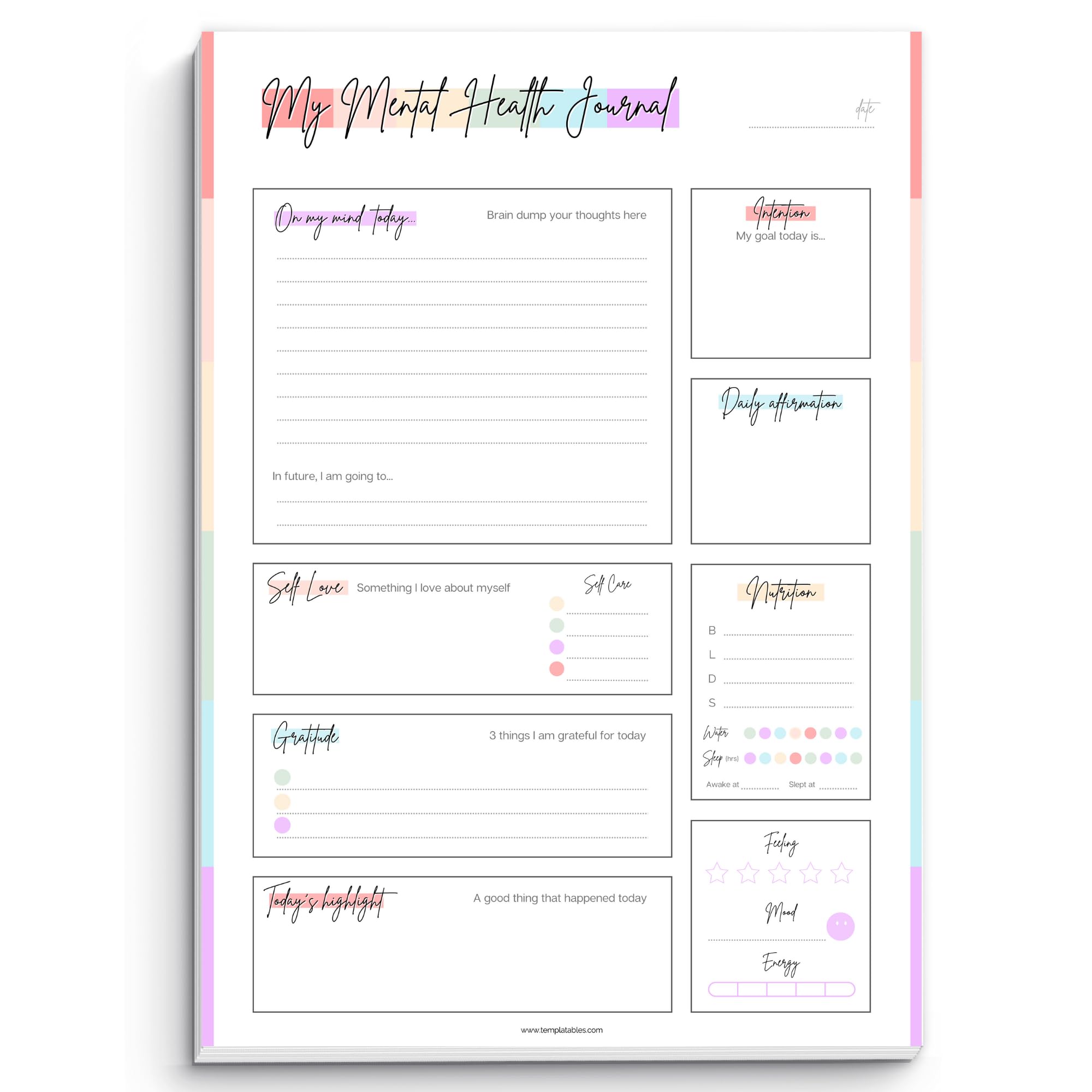 Mental Health Journal Planner | Daily Gratitude, Self Care, Intentions, Affirmations and Nutrition (Colorful, A4) — image 1