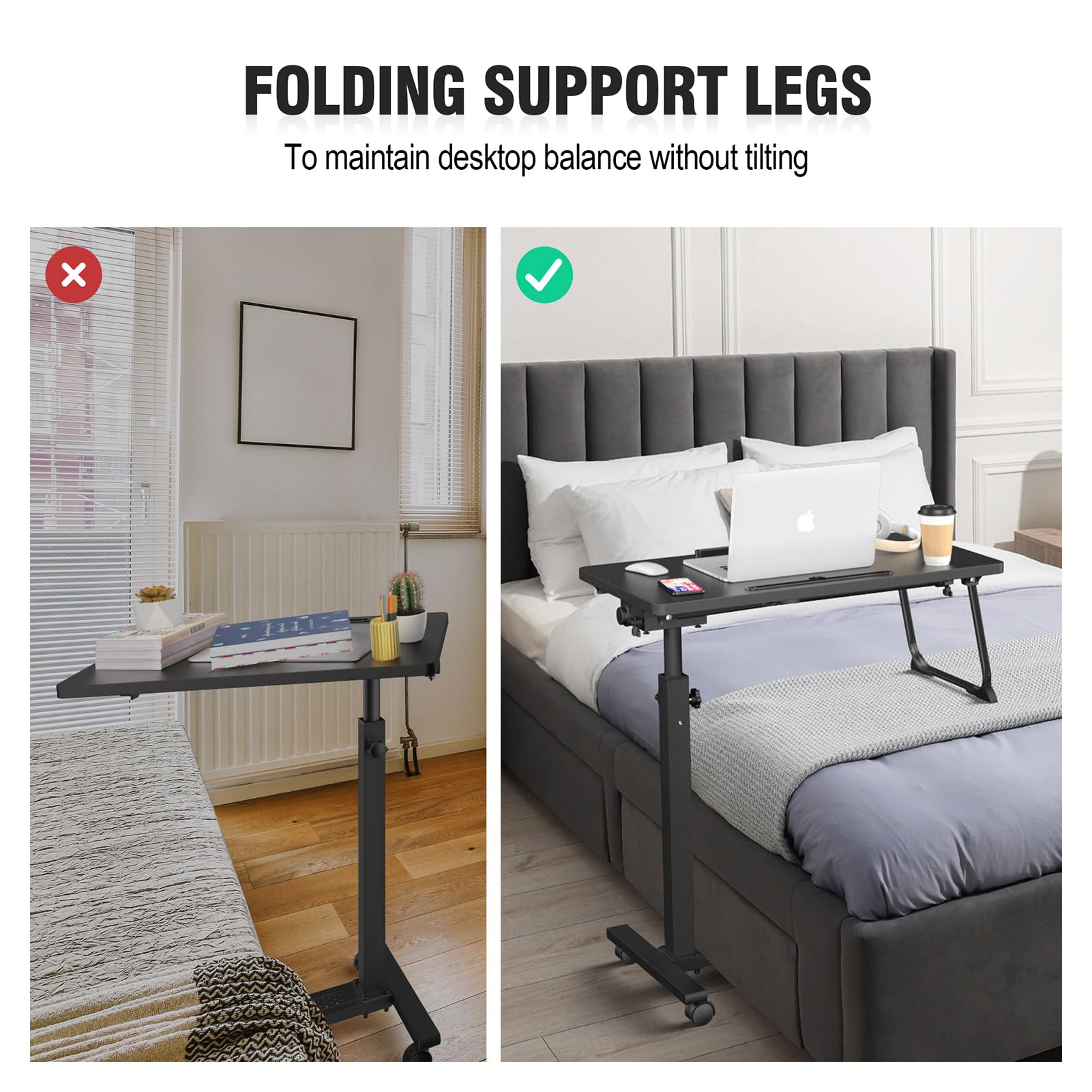 Adjustable Overbed Bedside Table, Hospital Bed Table with Wheels, Portable Rolling Desk, Mobile Small Standing Desk, Rolling Laptop Stand, Computer Cart