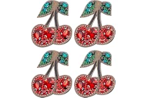 BEUNITONE 4 PCS Cherry Beaded Patches Sew on Cherries Rhinestone Patch Fruit Food Crystal Applique Red and Green Patches for DIY Clothing Repair Jeans Jackets Shoes Handbag Backpack