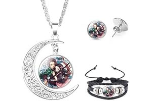 Aquasuki Nezuko Kamado Anime Jewelry Set Glass Dome Crescent Moon Pendant Charm Necklace, Earrings, Bracelet Jewelry Set Gifts for Women Girls