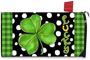 Fbcoo St. Patrick's Day Lucky Shamrock Welcome Mailbox Cover Magnetic Standard Size 21" x 19", Green Clover Plaid Polka Dots Post Letter Box Wrap Decor, Irish Spring Garden Yard Outdoor Decoration