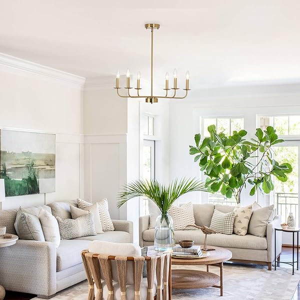 JZQWCK MODERN FARMHOUSE GOLD CHANDELIER FOR DINING ROOM, 6 LIGHTS RUSTIC CANDLE GOLD CHANDELIER LIGHT FIXTURE ADJUSTABLE HEIGHT CEILING HANGING LIGHTING FOR LIVING ROOM, KITCHEN, ENTRYWAY, FOYER