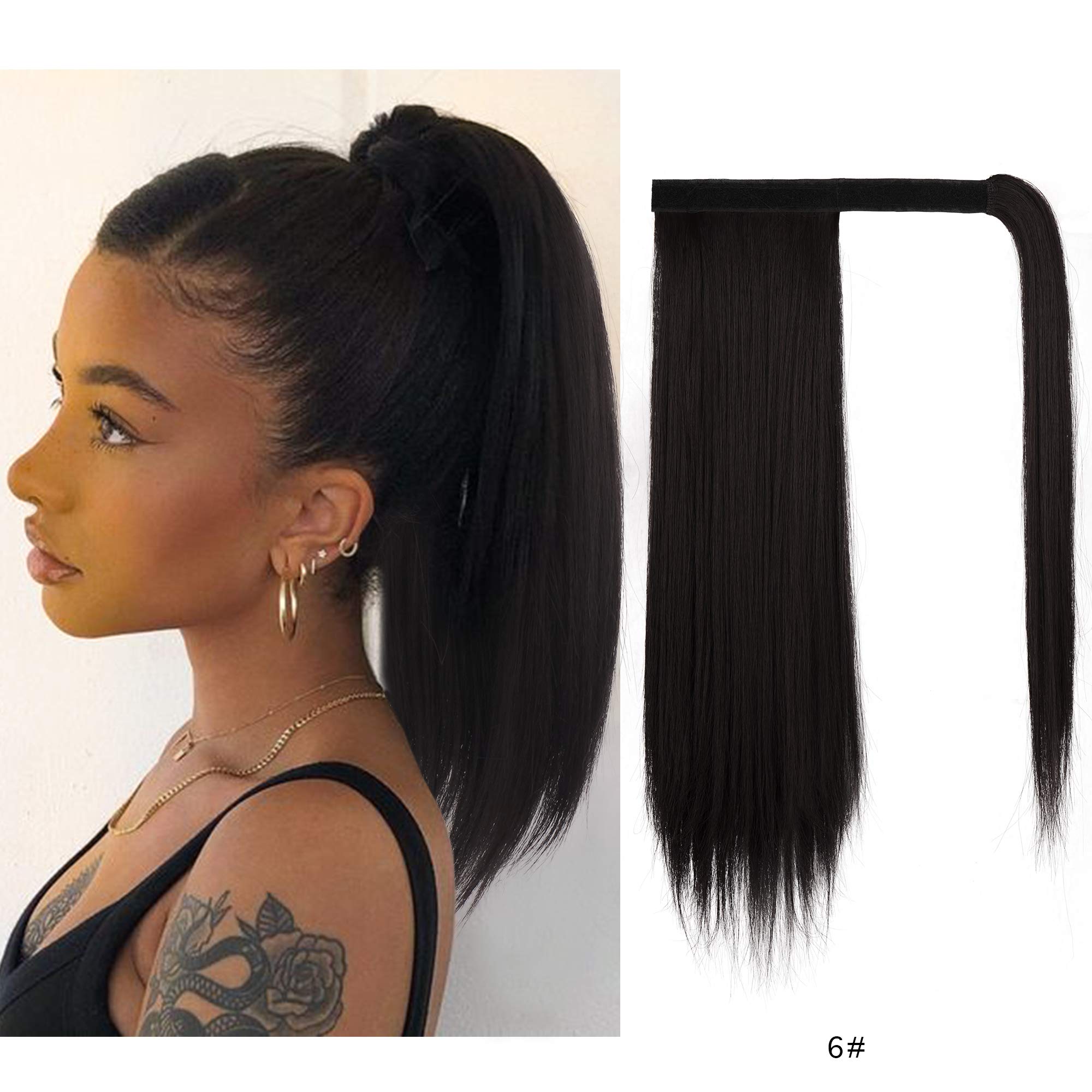 BARSDAR Clip in Ponytail Extensions, 14 inch Short Straight Wrap around Ponytail Extension Fluffy Pony Tails Extensions Synthetic Hair Ponytail Extension for Women Girls Darkest Brown