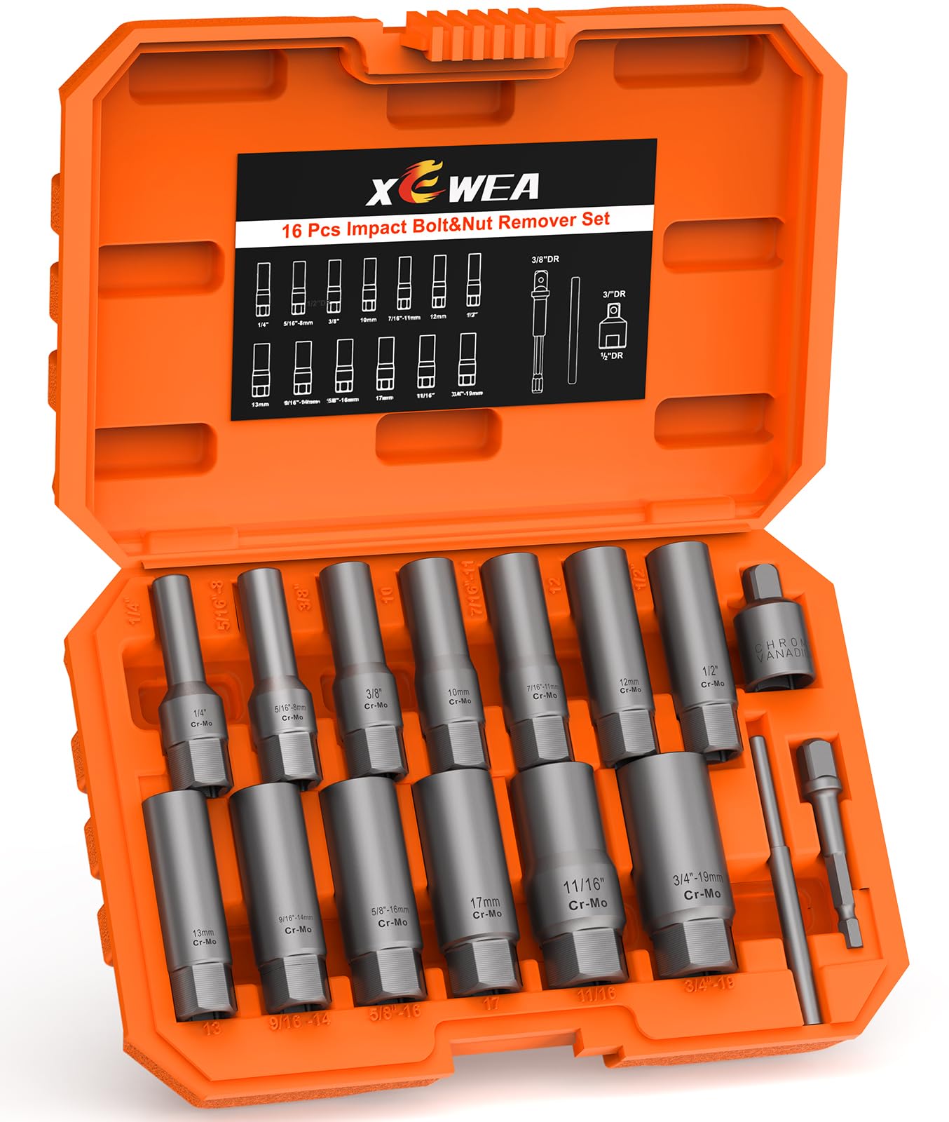 Photo 1 of 16PCS 3/8" Drive Deep Bolt Extractor Set, Impact Bolt Nut Remover Set, Stripped Lug Nut Extraction Socket Set For Narrow Space Removing Broken, Damaged, Frozen, Rusted, Rounded-Off Bolts, Nuts, Stud