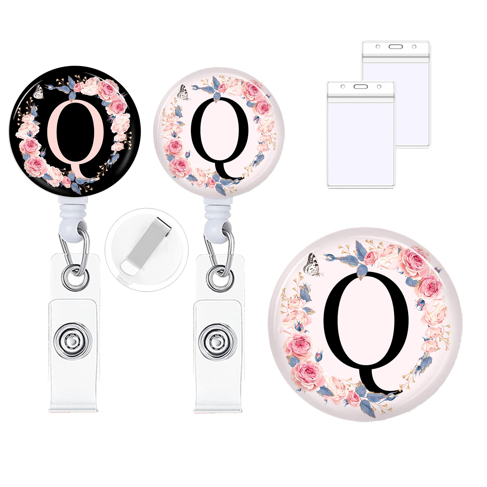 Photo 1 of 2Pcs A-Z Letter Badge Reels with Vertical Clear Plastic ID Card Holders (2.5" x 3.7") Retractable Name Tag ID Clip Holder Nursing Student RN Pediatric Teacher Office Work Accessories Q