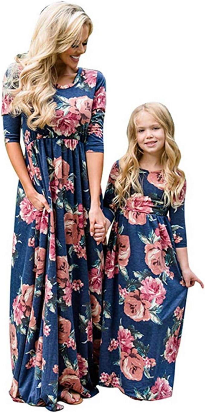 Mother Daughter Long Sleeve Maxi Dress Family Matching Floral Print Dress High Waist Pleated Long Maxi Dress