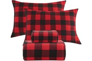 Softan Fleece Queen Sheets Set 4-Piece Fuzzy Bed Sets with 15" Deep Pocket Fitted Sheet, Flat Sheet and Pillowcase，Red Buffalo Plaid