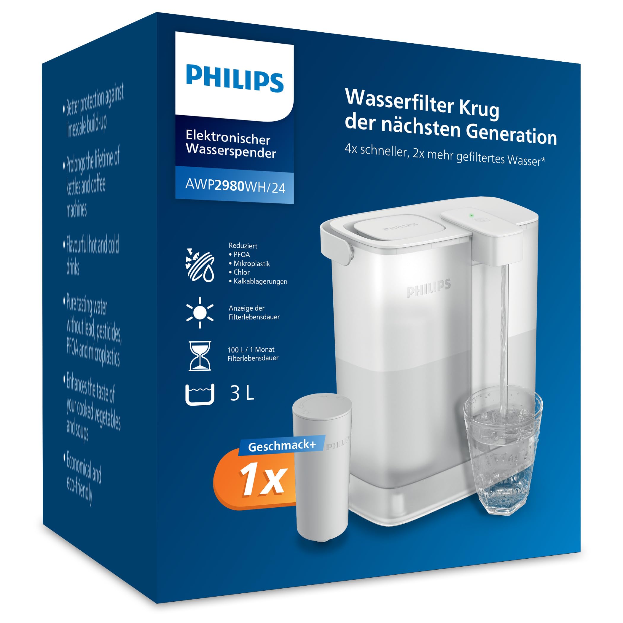 Philips Water Instant-Wasserfilter-Kanne (3 L) – Sauberes und gut schmeckendes Wasser in Sekunden – inkl. 1× Geschmack+ Filter, reduziert Chlor & Blei, erhält Mineralien