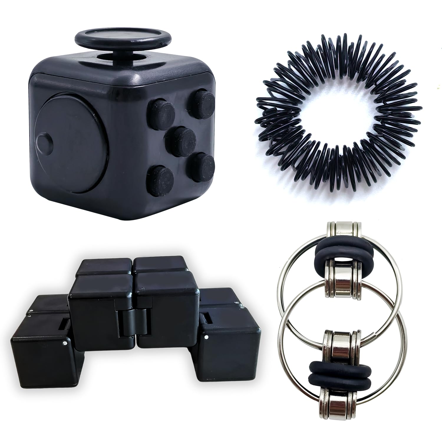 Steemjoey 4 PCS Fidget Toy Sensory Toy Set, Cube Toy, Infinity Cube, Key Flippy Chain & Acupressure Rings for ADHD ADD Autism, Anxiety Relief Gifts for Adults and Teens (Black)