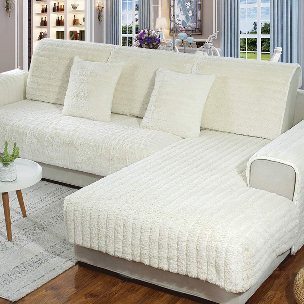 SQINAA Plush Sofa Cover,Luxury Solid Color Sofa slipcover Anti-Slip Cushion Protector for l-Shaped Couch Sectional-White 110x110cm(43x43inch)