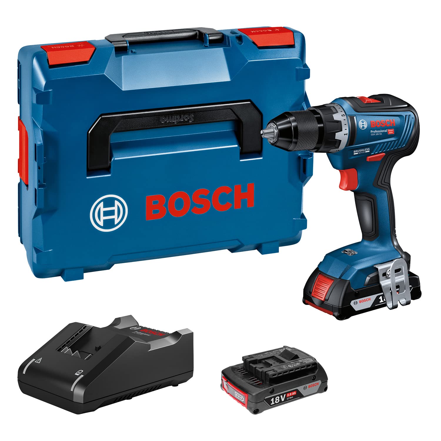 Bosch Professional 18V System Cordless Drill/ Driver GSR 18V-55 (incl. 2x GBA 2.0Ah Batteries, Charger, GAL 18V-40, Inlay, L-BOXX 136)