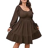 Plus Size Mini Cocktail Dress for Curvy Women Long Sleeve Sweetheart Neckline Ruffle Hem Smocked Flowy Fall Dresses