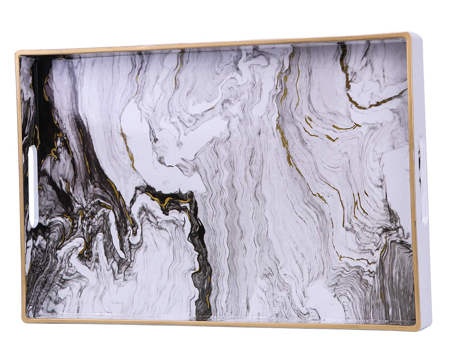 Zosenley Decorative Tray, Marbling Plastic Tray with Handles, Rectangular Vanity Tray and Serving Tray for Bathroom, Kitchen, Ottoman and Coffee Table, 15.6” x 10.2”, White