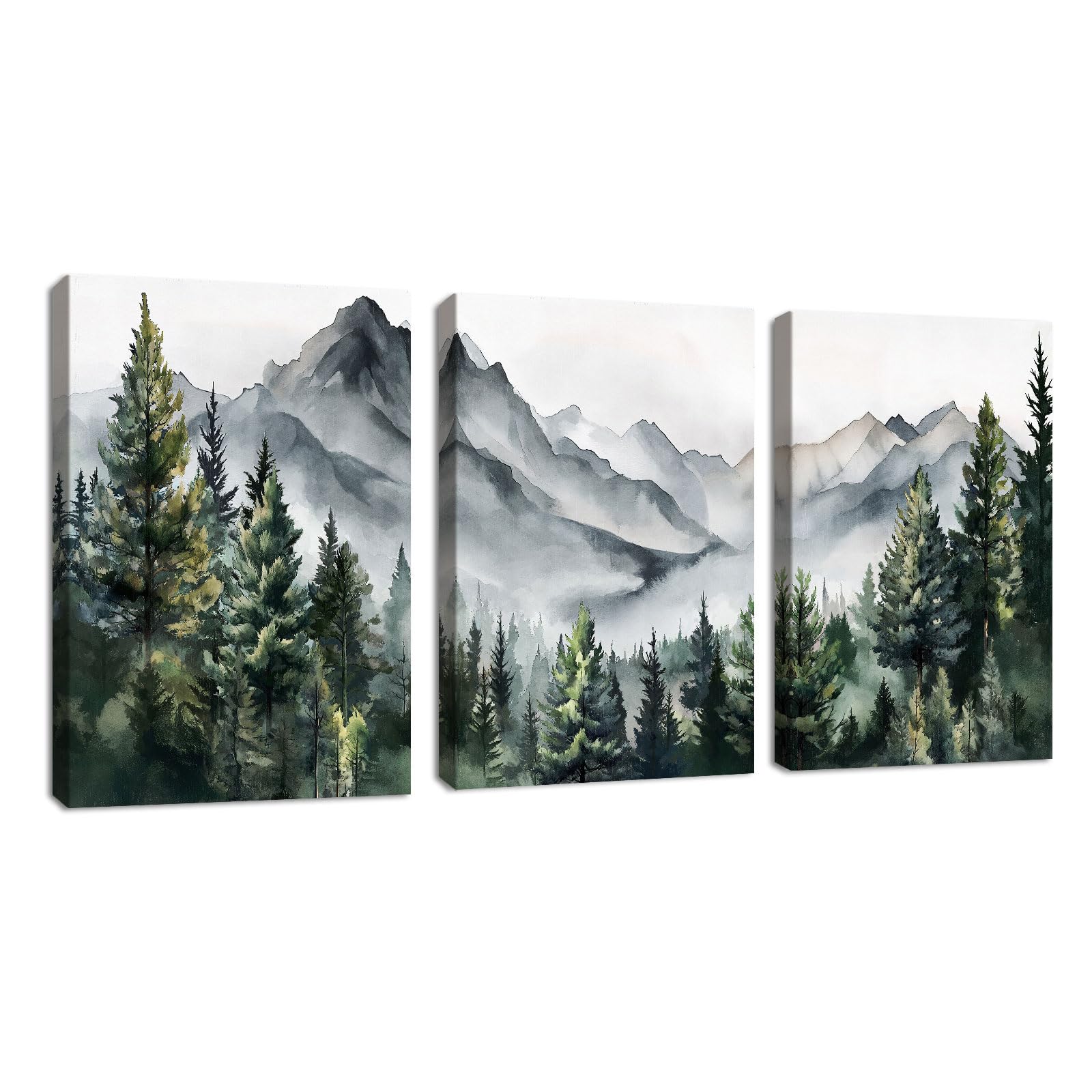 3 Panels Framed Green Views Canvas Wall Art, Abstract Mountain Forest Landscapes Ink Wall Art Modern Home Decor Poster Canvas Painting Wall Decor for Bedroom Living Room Ready to Hang 30x40cmx3 Pcs