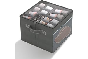 artgeeker Shoe Organizer for Closet- Fits 16 Pairs, Large Foldable Shoe Storage with Clear Cover, Grey Adjustable Dividers Shoe Containers with Mesh Pockets and Pull Handles,Grey