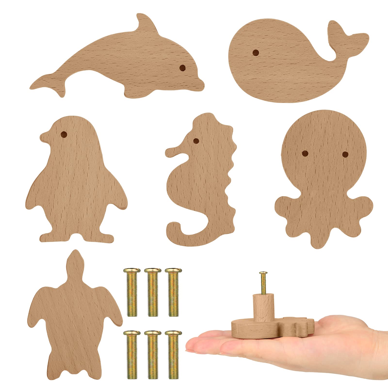 Photo 1 of Qunclay Wooden Animal Cabinet Knobs Decorative Wood Dresser Knobs with Screws Dresser Pulls Marine Woodland Natural Wild Animals Pulls Handles Nursery for Home Furniture Decor(Sea Animal,6 Sets)