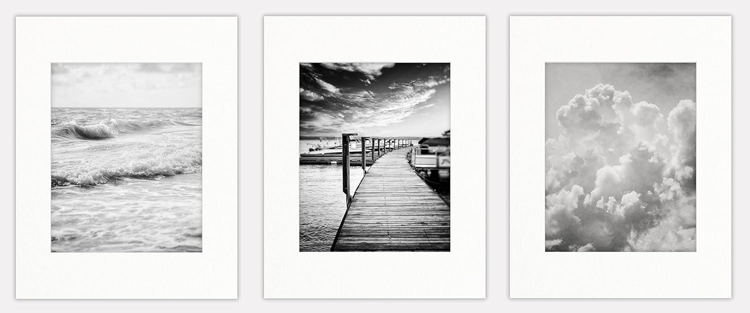Photographs - LISA RUSSO FINE ART Black and White Wall Art Set of 3 5x7” Prints with 8x10” White Mats, Unframed, Black and White Minimalist Ocean, Clouds, Nautical Pictures for Office, Bedroom, Bathroom Walls