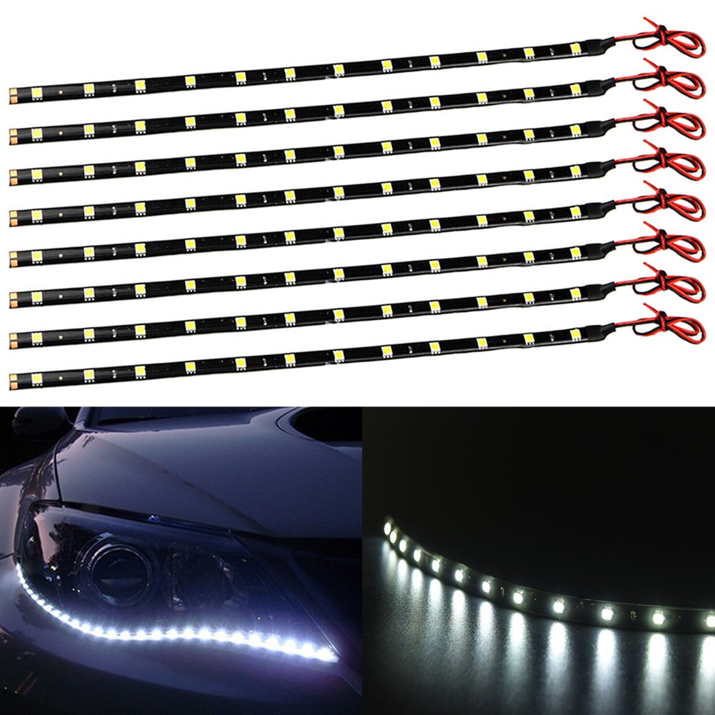TABEN 12V Car Motorcycle 30CM LED Waterproof Flexible Light Strip White 5050-12SMD (8-Pack)