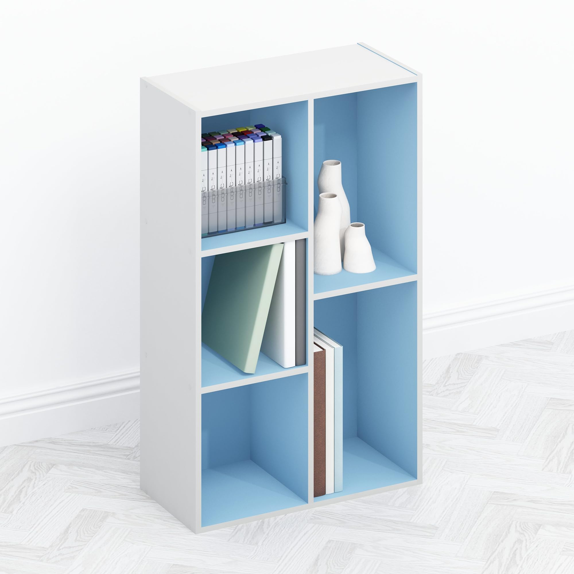 Furinno TOMI Book Shelf, 5-Cube Bookshelf, Reversible Bookcase, 9.4 x 19.5 x 31.5, for Living Room, Bedroom, Home Office, Light Blue Image