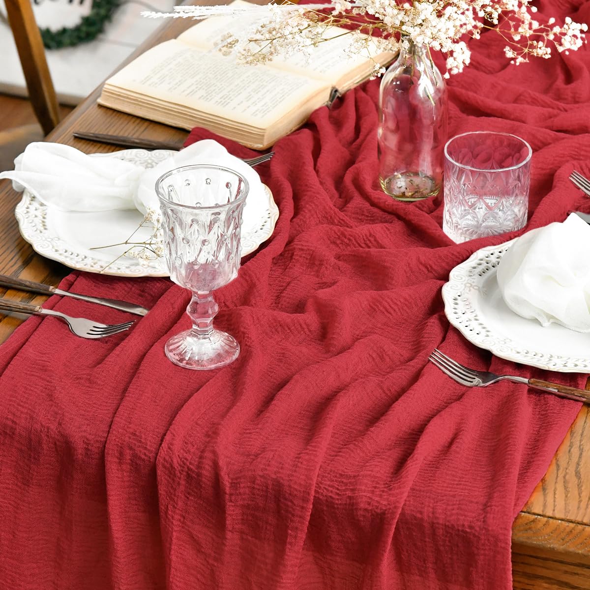 Artoid Mode Boho Red Gauze Wedding Christmas Table Runner 300 cm, Seasonal Xmas Fabric Kitchen Dining Holiday Table Decor for Home Party Indoor — image 1