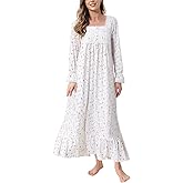 Rubehoow Women's Nightgown Victorian Nightwear Long Sleeve Vintage Pajama Dress Soft Cotton Loungewear with Pockets