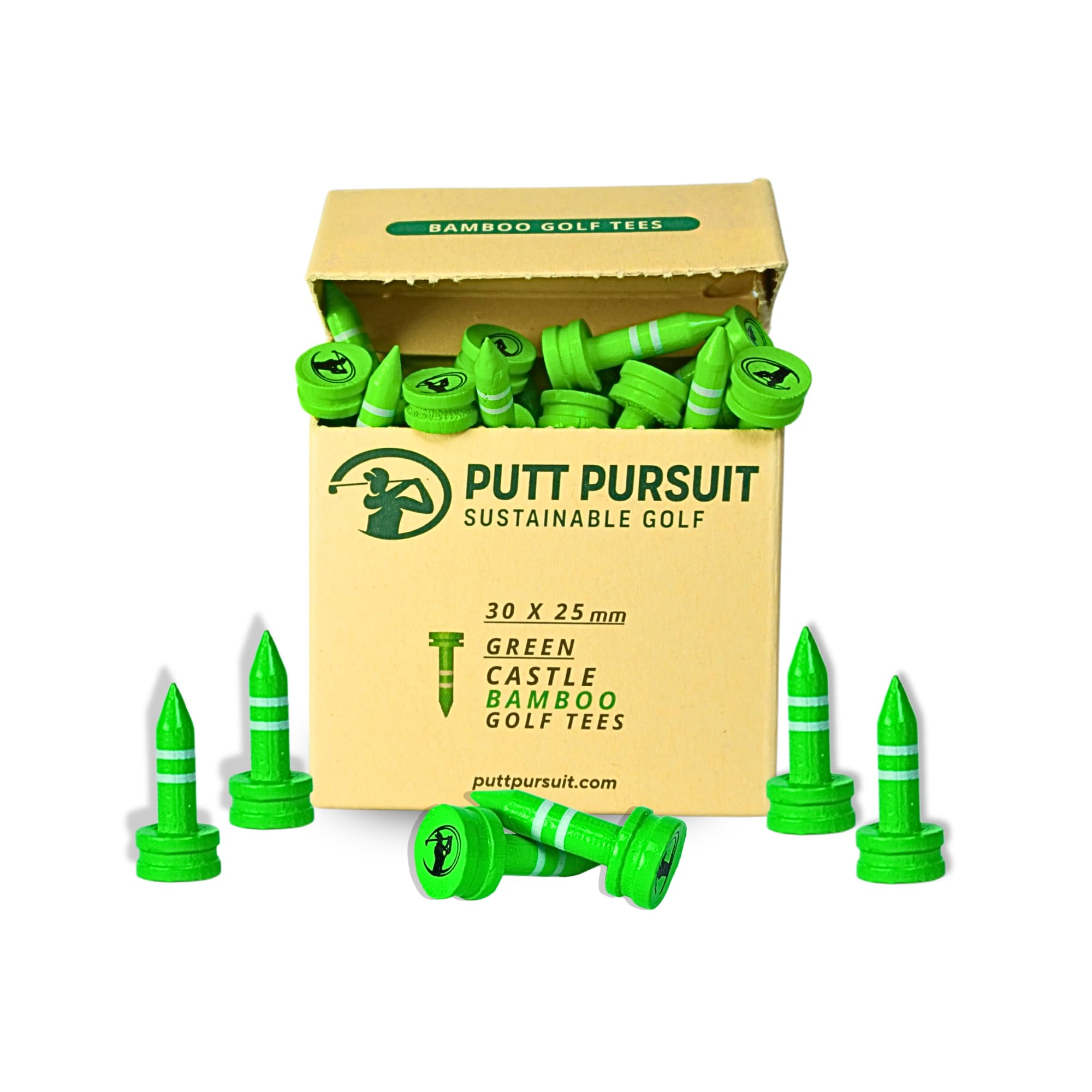 Putt Pursuit 25mm Castle Bamboo Golf Tees - Biodegradable & Sustainable Golf Tees Bamboo Material - Golf Accessories - Golf Tees Wooden - 30 Non Plastic Golf Tees - Green Colour Tee